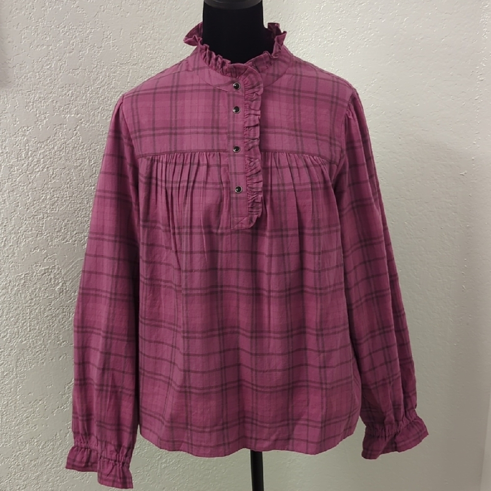 ba&sh Fuchsia Checkered Ruffle Blouse - Picture 2 of 8